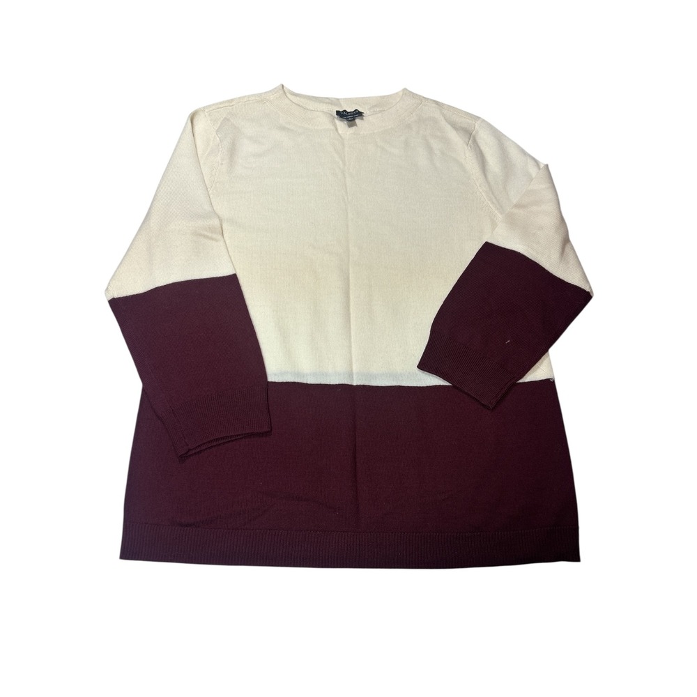 Talbots Pure Merino Wool Colorblock Sweater Cream Burgundy L 3/4 Sleeve Crewneck